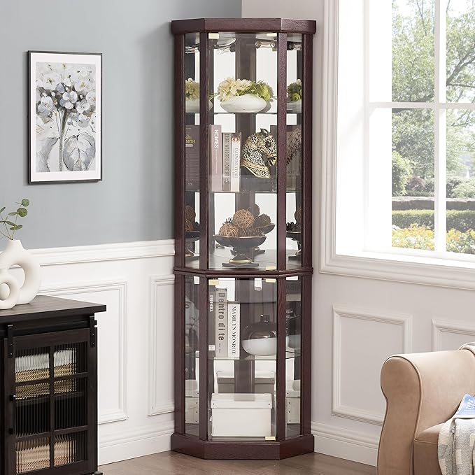 69" H Lighted Curio Cabinet Corner Display Case,Corner Glass Cabinets with Tempered Glass Door and Adjustable Shelves,Wooden Curio Cabinet with Mirrored Back Pane (Style 1 - Dark Cherry)