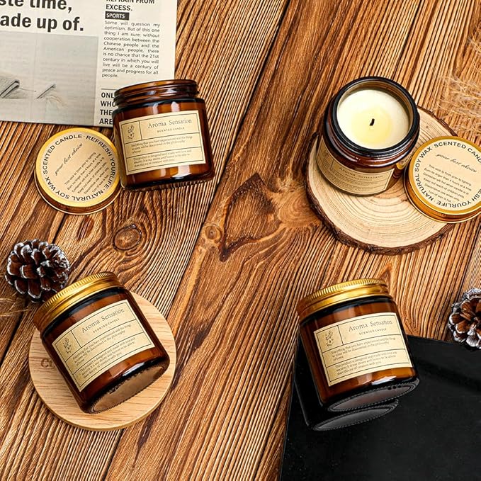 4 Pack Rose Sandalwood Candles for Home Scented,Amber Jar Aromatherapy Candle Gifts for Women,Scented Candles Set for Mother's Day Christmas Valentine Thanksgiving Brithday Gifts,Soy Wax Candle Set