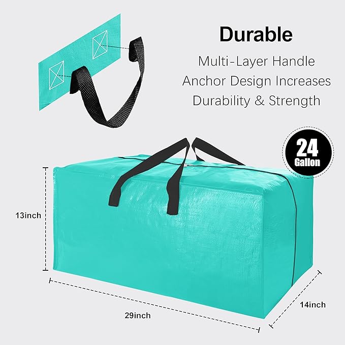 VELVETSURE 6 Pack Heavy Duty Large Moving Bags W/Backpack Straps - Strong Handles & Zippers, Storage Totes For Space Saving, Fold Flat, Alternative to Moving Box and Storage Bin, Aquamarine