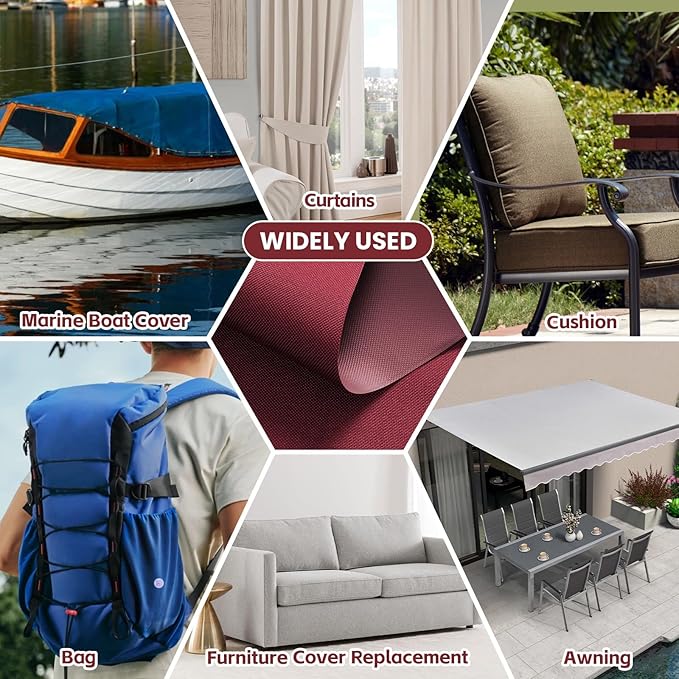 Waterproof Marine Canvas Fabric by The Yard 58"W 600D PVC Backing Water-Resistant Polyester Fabric Upholstery Material for Outdoor Indoor Marine Awning Tent Boat Furniture Cover DIY, 3 Yards Wine Red