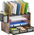 Marbrasse Desk Organizer with Drawer, 4-Tier Wooden File Organizer with 5 Vertical File Holders and 2 Pen Holders, Desk Organizers and Accessories for Home Office - Dark Brown