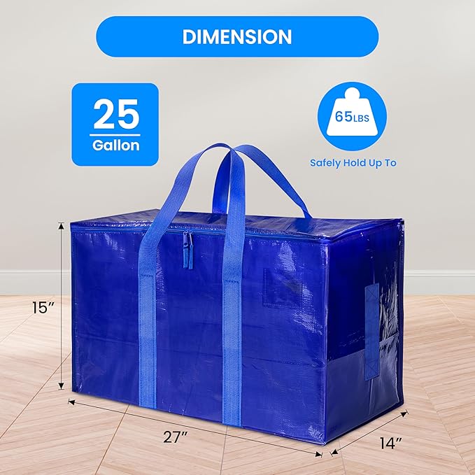 Simple Deluxe 6 Pack Extra Large Moving Bags with Lids, Reinforced Handles and Zippers, Heavy Duty Storage Tote for Moving Travel Camping Space Saving, Blue