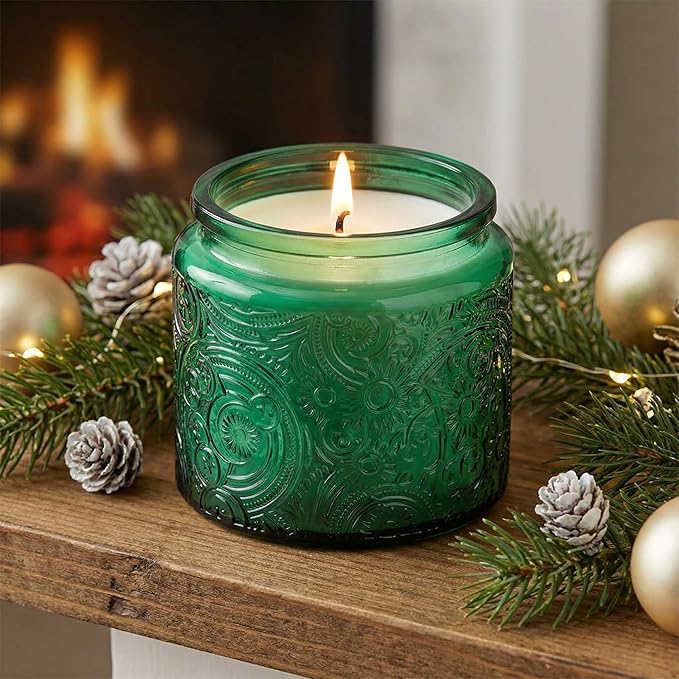 9-Pack 10 oz Sun Moon Star Embossed Glass Candle Jars with Mirror Lids and Labels - Unique Green Candle Containers with Lids for Candle Making