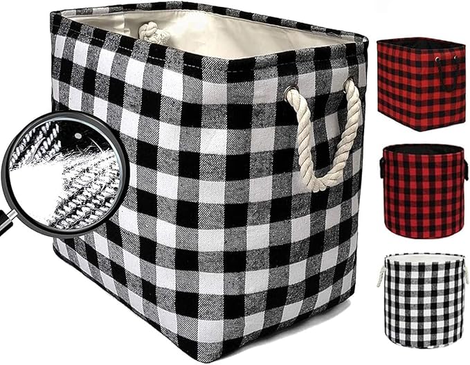 Large Rectangular Decorative Storage Bins Foldable Laundry Hamper Baskets Buffalo Grid Pattern with Rope Handles for Blankets, Toys, Nursery, White Black Grid, L