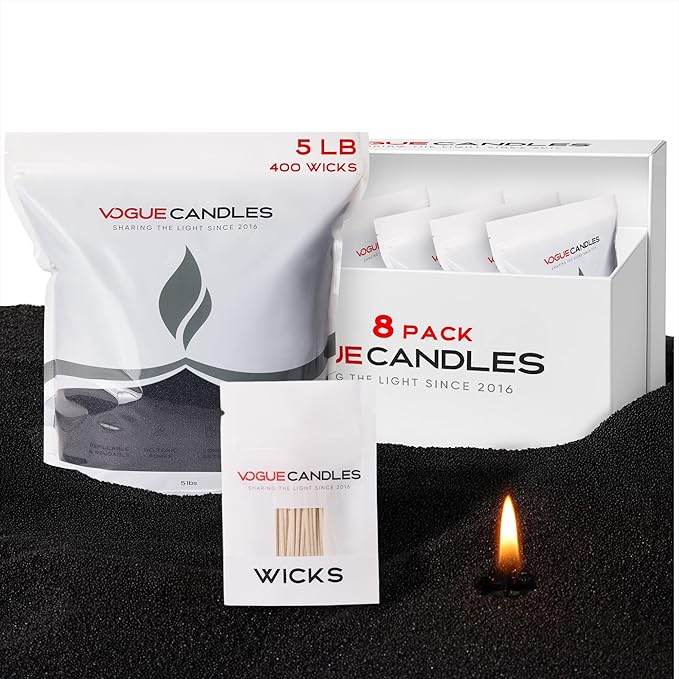 Vogue Candles Black Pearled Candle Sand Wax (5 LB) – Mother’s Day Candle Kit with 400 Cotton Wicks for DIY Home Lighting – Plant-Based & Reusable Wax Granules Refill for Custom Vessels (8 Pack)