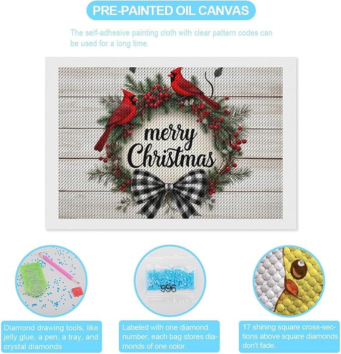 AIVKIEJK Diamond Painting Kits for Adults - Christmas Red Cardinal Birds Wreath Painting DIY 5D Full Drill Diamond Dots Paintings with Diamonds Gem Art and Crafts Home Decor 8"x12"