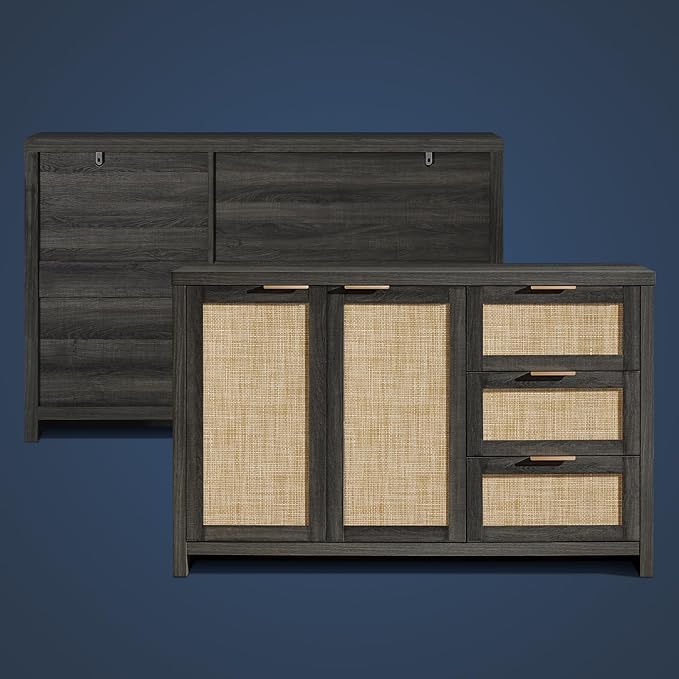 OAKHAM HOME Kitchen Storage Cabinets, Buffet Cabinet with Storage Rattan Sideboard Cabinet Organizer 3 Drawers and 2 Doors Accent Console Table for Kitchen Hallway Living Room bar (Midnight Oak)