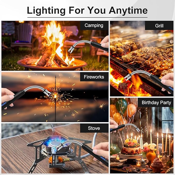 Upgraded 2 Pack Electric Candle Lighter with 360° Flexible Neck & Safety Lock, Windproof USB Rechargeable Flameless Arc Long Lighters for Grill, BBQ, Camping, Fireplace, Stove (Black & Rose Gold)