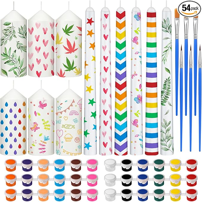 MTLEE 54 Pcs DIY Candle Painting Kit Include White Candles Colorful Acrylic Paint Strips and Paintbrushes for Crafts Making Wedding Birthday Party Centerpiece(Pillar, Taper)