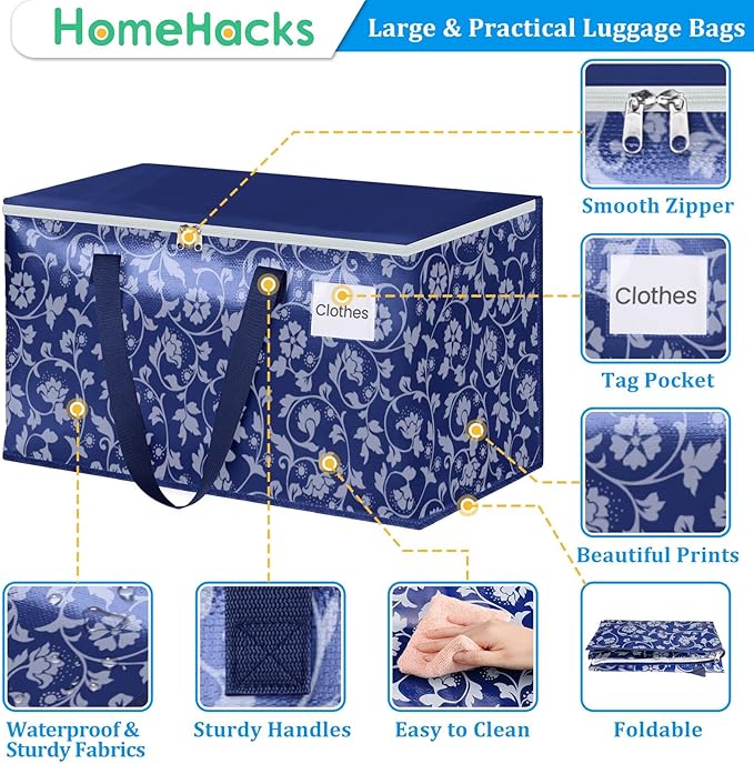 HomeHacks Moving Bags, Extra Large Size Moving Boxes, Heavy Duty Luggage Bags with Smooth Zipper and Sturdy Handles, Large Capacity & Easy Loading Storage Totes for Space Saver 125L, 10-Pack, Blue