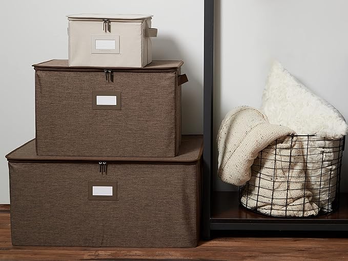 Covermates Keepsakes Zip-Top Storage Box Set, 3 Pack Heavy Duty Polyester Organizer Bins, Stackable Design, ID Window, Reinforced Handles, Closet Home Storage, Beige Heather