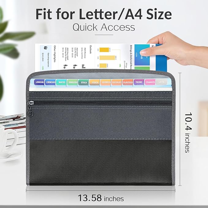 Sooez Accordion File Organizer with Safe Zipper, 8 Pocket Expanding File Folder with Front Pencil Pouch, Portable Monthly Paper Bill Tax Receipt Organizer, School Office Supplies, Letter Size, Purple