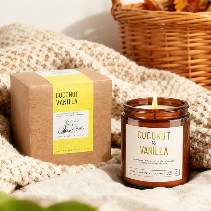 Coconut Vanilla Candles - 9 oz Natural Soy Candles for Home Scented, Long Lasting Soy Wax Aromatherapy Candle Gift Set for Women Spa Relax Stress Relief & Meditation