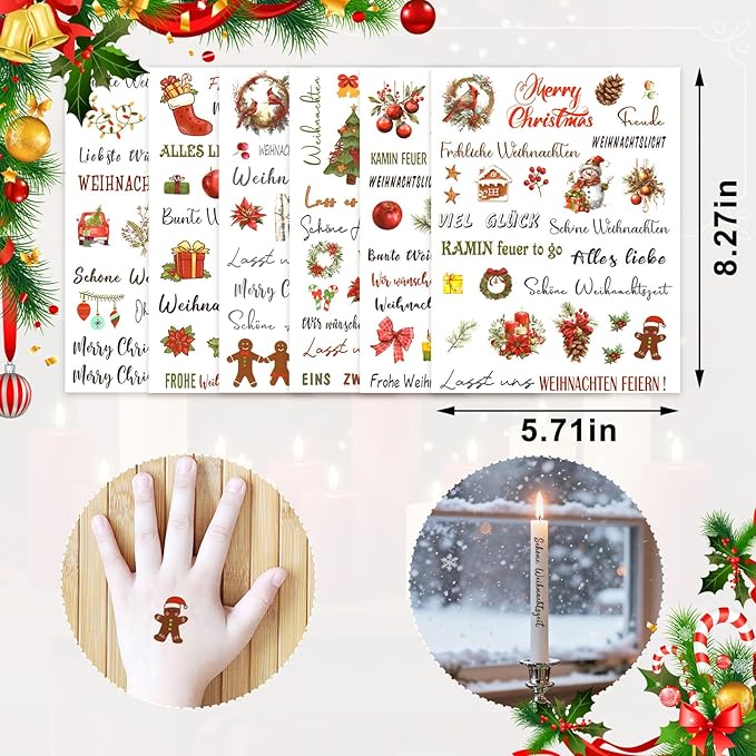6 PCS Candle Tattoos Christmas, Christmas Tattoos for Candles, Santa, Reindeer, Snowflake, Xmas Tree Water Transfer Decals