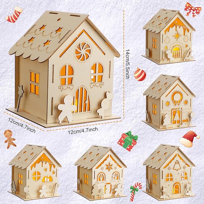 Spiareal 24 Sets DIY Wooden Christmas Gingerbread House Kit with LED Flameless Candles Watercolor Pens Christmas Crafts Wooden Houses to Paint Xmas Tree Ornaments for Fun Activity Art Project
