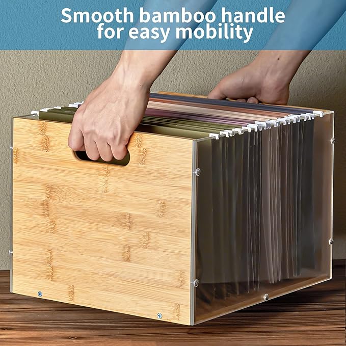 Sbanmao 2 Pack Hanging File Organizer, Clear Acrylic File Box Organizer, Bamboo Filing Box File Crate Storage Boxes, Portable Filing Organizer with Handle for Letter Size