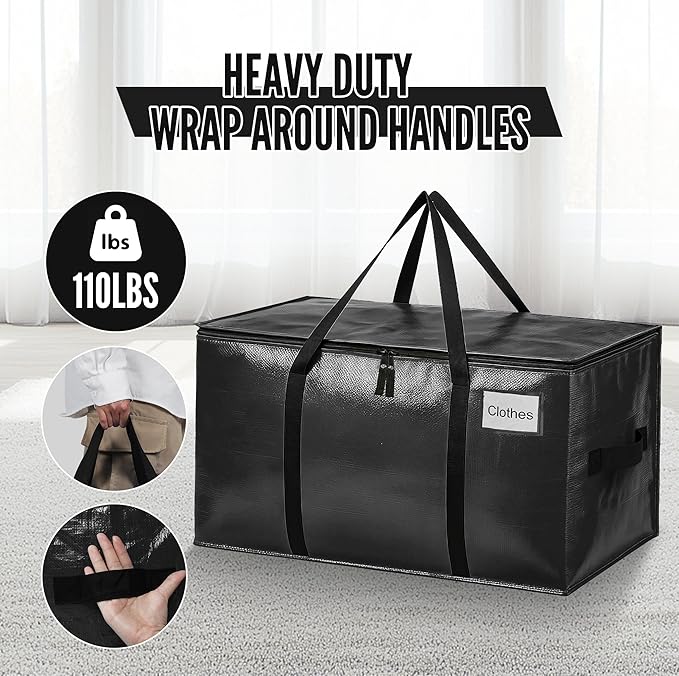 BAGAIL Heavy Duty Moving Bags with Strong Handle, Extra Large Moving Boxes, Storage Tote for Clothes, College Moving Supplies(Black, 6 Pack)