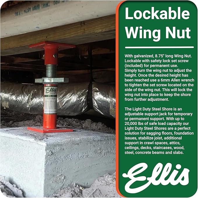 Ellis Manufacturing Light-Duty Steel Construction Jack - Adjustable Screw Jack Post for Floor Leveling, Beams, and Concrete - 20,000 lb Load Capacity - 13"-17" Adjustment, House Jacks for Leveling