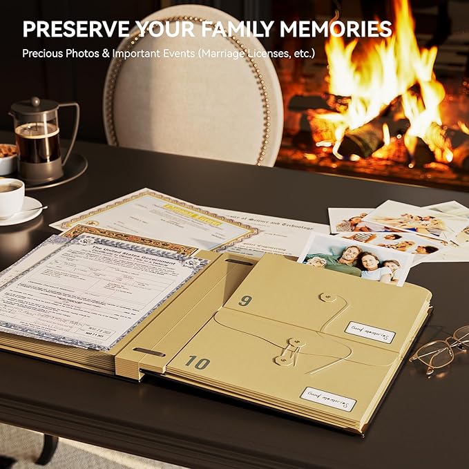 ABC life Document Organizer, Expanding File for Important Papers, Passports, Birth Certificates, Passports, Photos and Letters, Spine-Free Design with Elastic Closure - Black