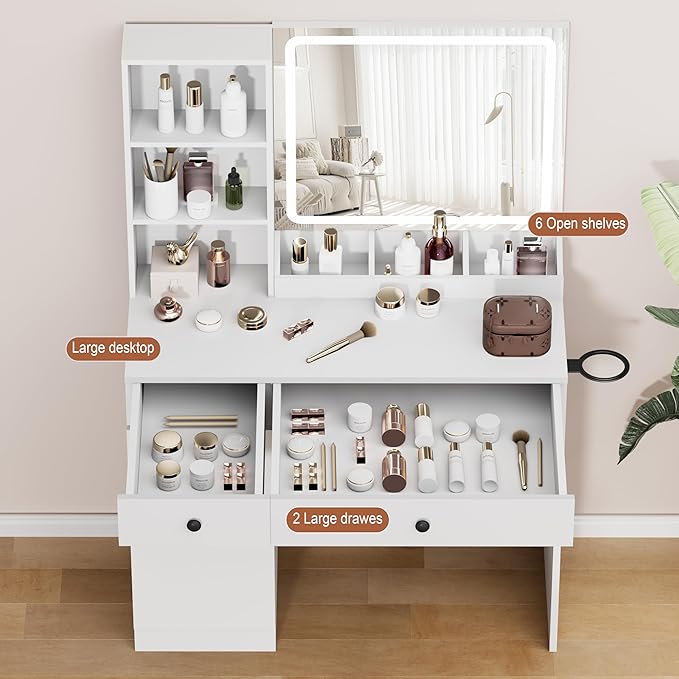 YIKEHOME White Makeup Vanity Desk with Mirror and Lights, Makeup Table with 2 Large Drawers, 3 Color Modes Adjustable Bulb, Power Outlet and Round Holder, Dressing Table for Women Girls Bedroom