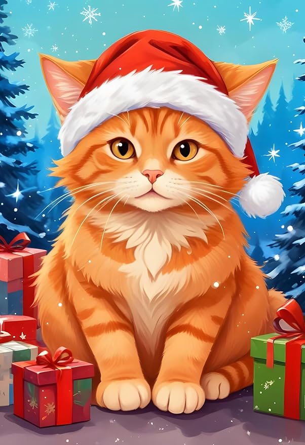 QZOTRXI Christmas Cat Diamond Painting Kits, Cat Winter Diamond Art Kits for Adults, Animal 5D Diamond Art Painting, DIY Round Diamond Dot for Home Wall Decor Gifts 20x24 Inch