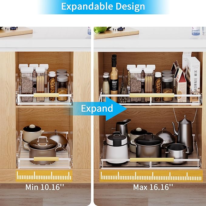 Expandable Pull Out Drawer Cabinet Organizer, Adjustable Width Bottom-Mounted Slide Out Storage Shelves for Cabinets, Required Cabinet Size (W: 10.16"~16.36", D≥22.5"), 1 Pack