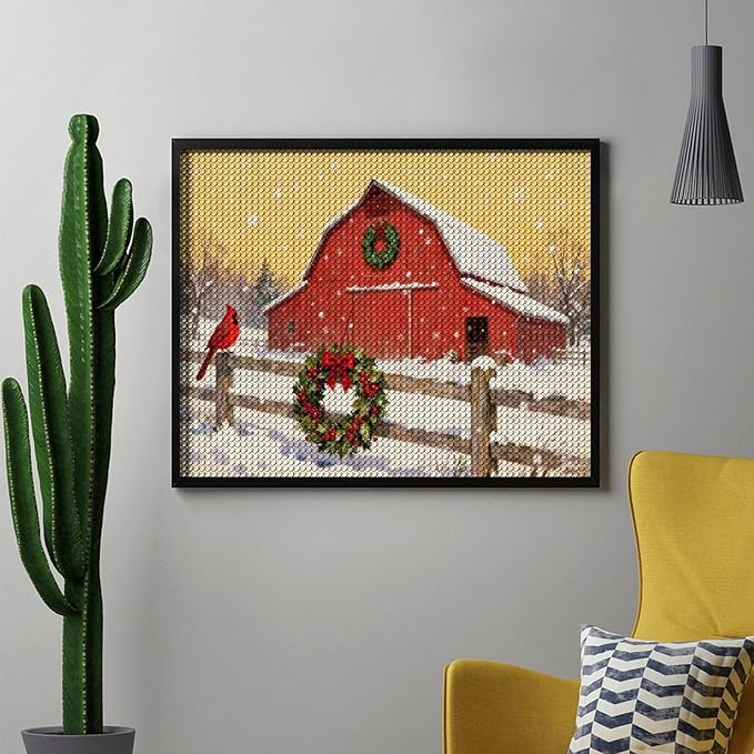 AIVKIEJK Diamond Painting Kits for Adults - Christmas Winter Cardinal, Red Barn Scene Painting DIY 5D Full Drill Diamond Dots Paintings with Diamonds Gem Art and Crafts Home Decor 16"x20"