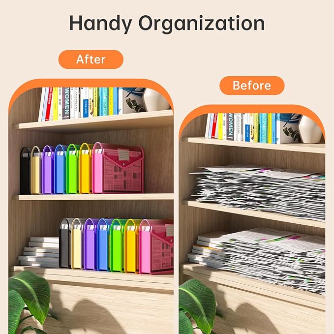 7 Pack Plastic Expanding File Folder, Transparent envelopes with Snap Closure, Fit Legal/B4 Size for School/Office/Home/Hospital, No Dividers, Large Capacity-7 Colors
