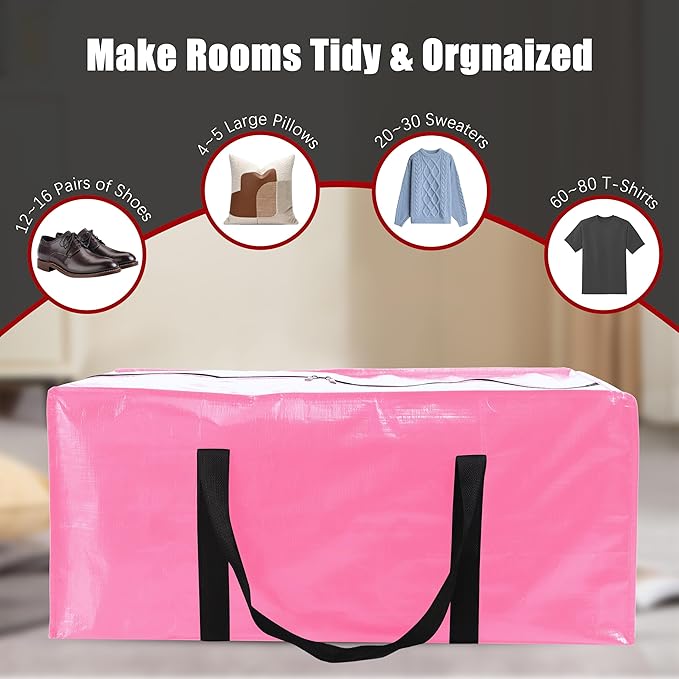 PANDA JOYS 8 Pack Extra Large Moving Bags with Zippers & Carrying Handles, Heavy-Duty Storage Tote for Space Saving Moving Storage, Fold Flat, Alternative to Box and Bin,Pink