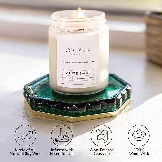 Craft & Kin White Sage Scented Candles for Cleansing | 8 Oz 45 Hour Long Lasting Holiday Candle | Classic Soy Woodwick Winter Candles | Made with Natural Soy | Gifts for Men and Women