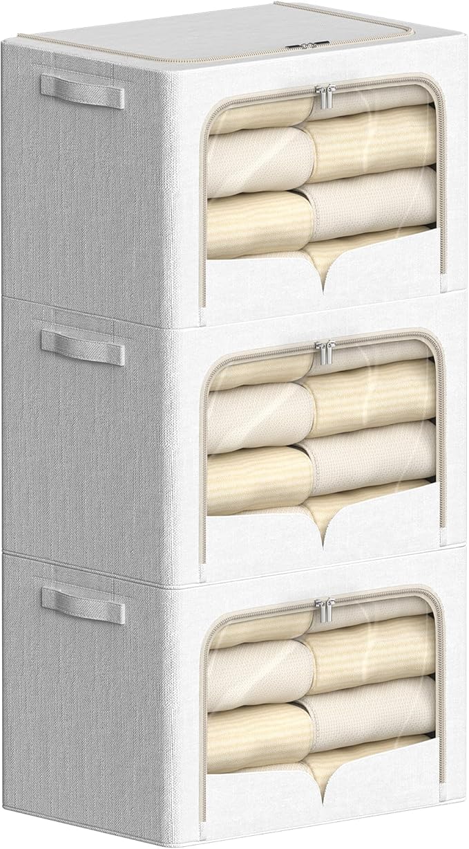 FHSQX 3 Pack Clothes Storage Bins - Foldable Metal Frame Storage Box - Stackable Linen Fabric Container Organizer Set with Carrying Handles and Clear Window (Cream White, 19.7x15.7x13inch(66L))