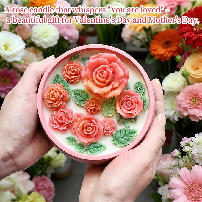 Rose Candle Molds, 5Pcs Rose Silicone Molds for Candle Making, Roses Flower Leaf Mold and Round Candle Vessel Mold Set for Scented Candles, Handmade Soap, Epoxy Resin Casting, Mom Gifts