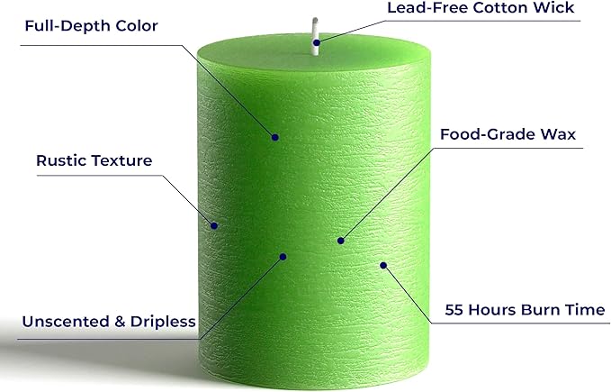 Melt Candle Company Set of 3 Pillar Candles 3" x 4" Unscented Handpoured Weddings, Home Decoration, Restaurants, Spa, Church Smokeless Cotton Wick - Green