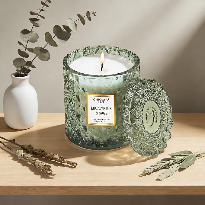 Chloefu LAN Eucalyptus & Sage Scented Candles Luxury Candle with up to 55 Hour Long Lasting, Highly Scented, 100% Soy Wax, 8.1oz, Beautiful Candles, Ideal for Home Decor and Gifts
