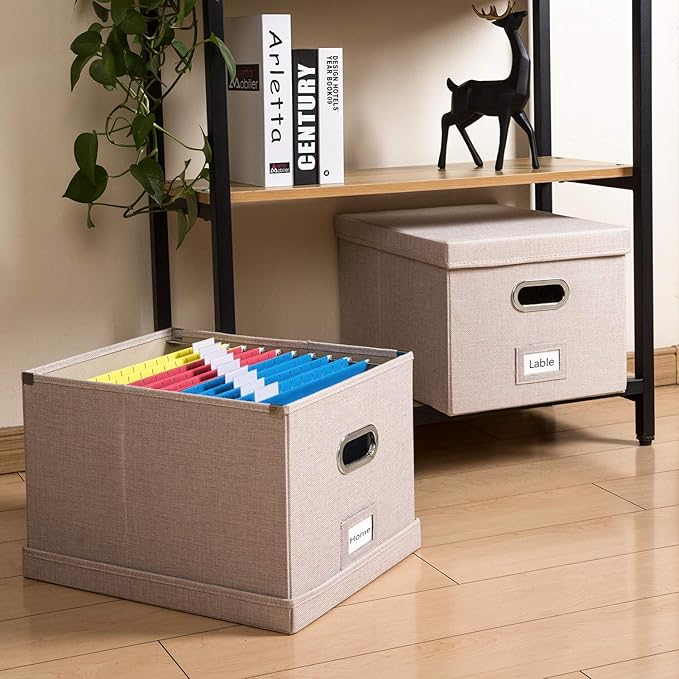 PRANDOM File Organizer Box - Set of 2 Collapsible Decorative Linen Filing Storage Hanging File Folders with Lids Office Cabinet Letter/Legal Size Light Grey (17x14x11.2 inch)