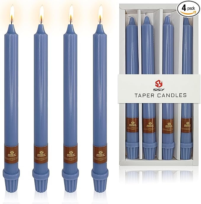 Haze Blue Candlesticks 10 inch Taper Candles- Dripless and Smokeless Candle Unscented - Slow Burning Candle Sticks - Pack of 4