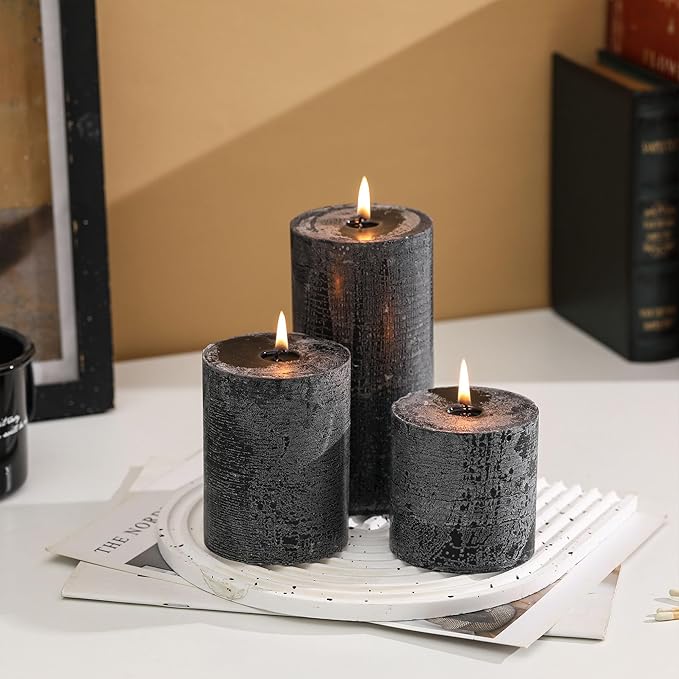 3x4 Inch Black Pillar Candles Set of 3 - Hand-Poured Unscented Candles, Long Clean Burning, Large Big Candle, Smokeless Dripless Candle for Dinner Table, Wedding, Home, Bathroom, Gothic Decor