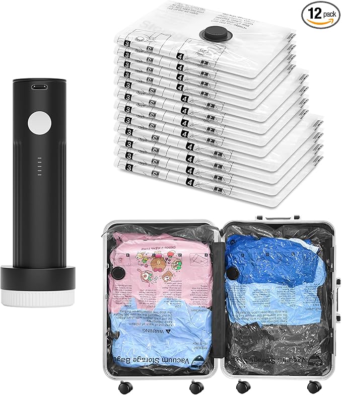 Vacuum Bags for Travel with Rechargeable Pump, 12 Combo (4L/4M/4S) Compression Packing Seal Bags for Luggage Suitcase, Space Saver for Clothing and Clothes Storage Travel