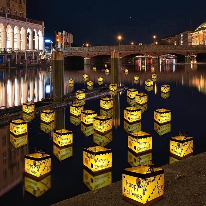 20PCS Gold+White Outdoor Floating Candle Lantern Kit - DIY Tangled Paper Lantern Pattern, Waterproof Wishing Lanterns for Garden, Patio, Hallowee & Christmas,Wedding Pool Decoration