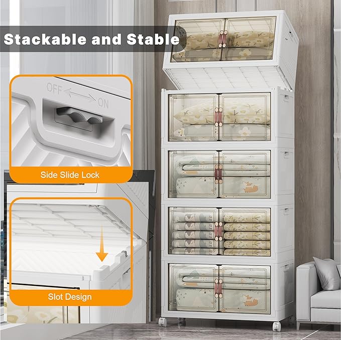 UAMFURI Stackable Storage Bins with Lids & Wheels & Door, Foldable Collapsible Closet Organizers, Extra Large Plastic Storage Drawers for Bedroom Dorm Office Garage (White-160QT, 5Pack with 1 top lid)