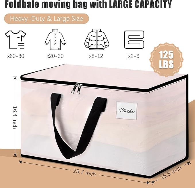 NATURELUX Heavy Duty Moving Bags - Extra Large Packing Bags and Storage Totes, Collapsible and Foldable Option for Moving and Storage, Multicolored, 125 L - 6 Pack