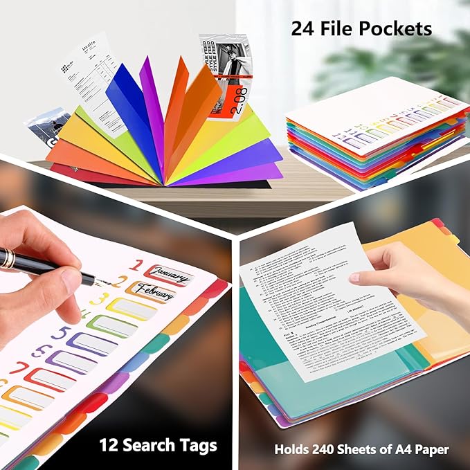 24 Pockets Expanding File Folder Organizer,Accordion File Organizer,A4 Letter Size,Rainbow Tab, for Home/Office/School Document Organizer (White)