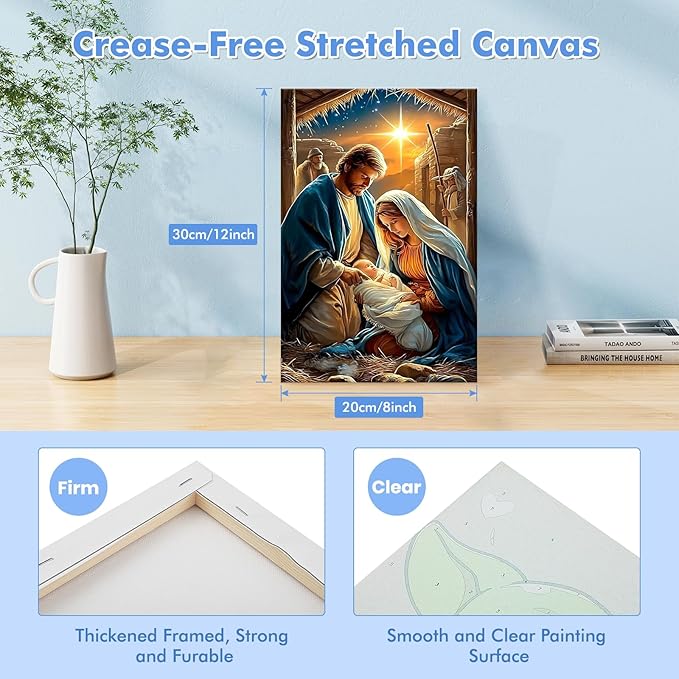 Bowetile Nativity Scene Paint by Numbers for Adults Beginners Framed, Adults' Paint-by-Number Christmas Kits on Canvas, Acrylic Number Painting Christmas Gifts for Home Wall Decor, 8x12in
