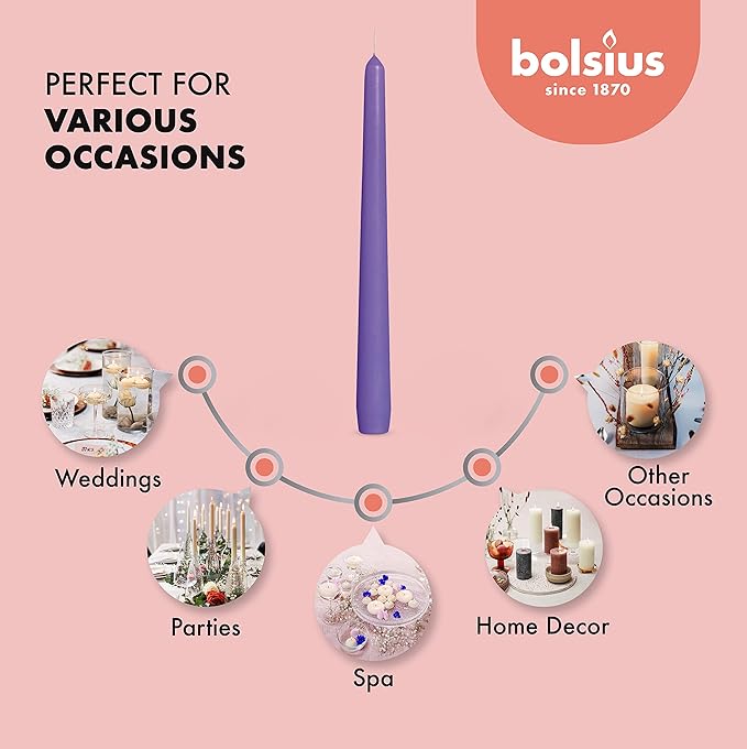 BOLSIUS 10 Inch Purple Taper Candles - 8 Hours Burn Time - Premium European Quality - 10 Pack Unscented Smokeless & Dripless Household Taper Candlesticks - Perfect for Church, Party, & Everyday Use