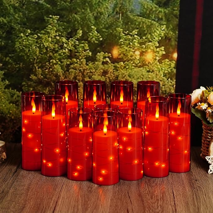 Sasigeiaa Flameless Candles with Embedded Star String - Battery Operated LED Candles, with Remote,12 Red Flickering Candles for Christmas, Weddings, Home Decor & Party,(D 2.3"×H 5" 6" 7")