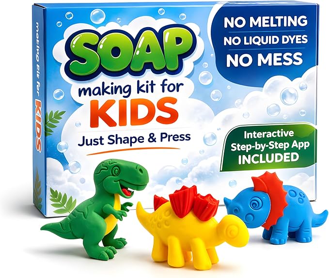 ZenseMe Soap Making Kit for Kids – DIY Soap Making Kit with Dinosaur Soap Moulds (3 Cute Dinosaurs) | Soap Making Supplies for Creative Play & Hygiene - DIY Kits for Kids with Mobile App