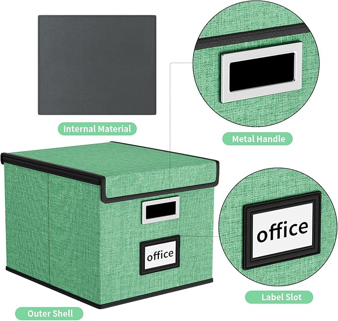 Huolewa File Organizer Box with Lid, Collapsible File Folder Organizer for Office Document Storage, Filing Box with Plastic Slide for Letter Size Hanging File Folders(1 Pack, Light Green)