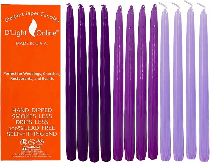 D'light Online Elegant 12" Purple Gradient Taper Candles Premium Quality- Unscented, Hand-Dipped Tapered Candles, Dripless and Smokeless - Set of 12 (12 Inch, Purple Gradient)