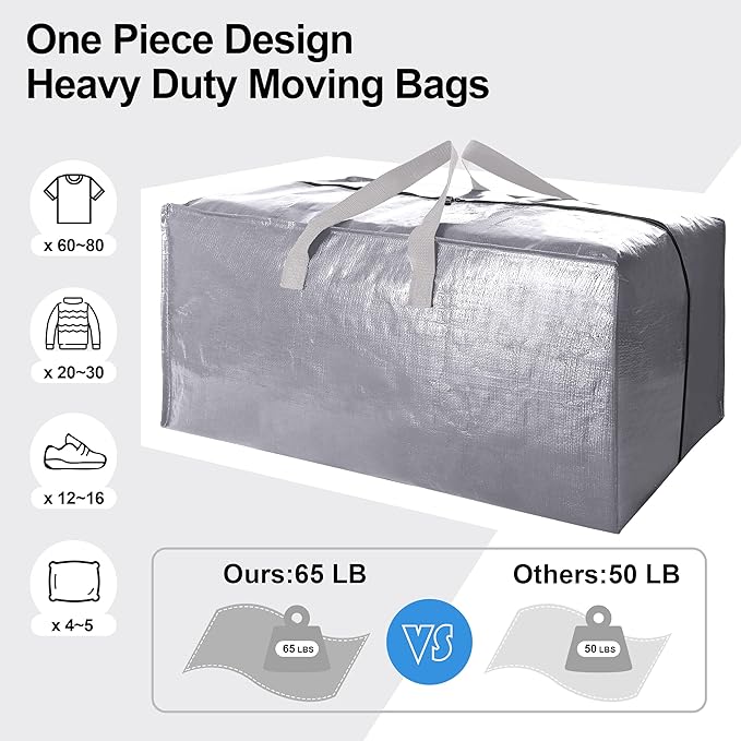 VELVETSURE 12 Pack Heavy Duty Extra Large Moving Bags W/Backpack Straps - Strong Handles & Zippers, Storage Totes For Space Saving, Fold Flat, Alternative to Moving Box and Storage Bin, Silver