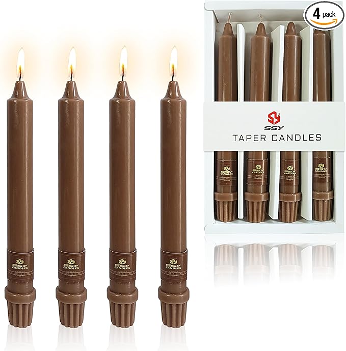Brown Short Taper Candle 8 Inch Candlesticks Unscented Dripless Tapered Candle Set for Home Decor Wedding Party Dinner Candles, 4 Pack